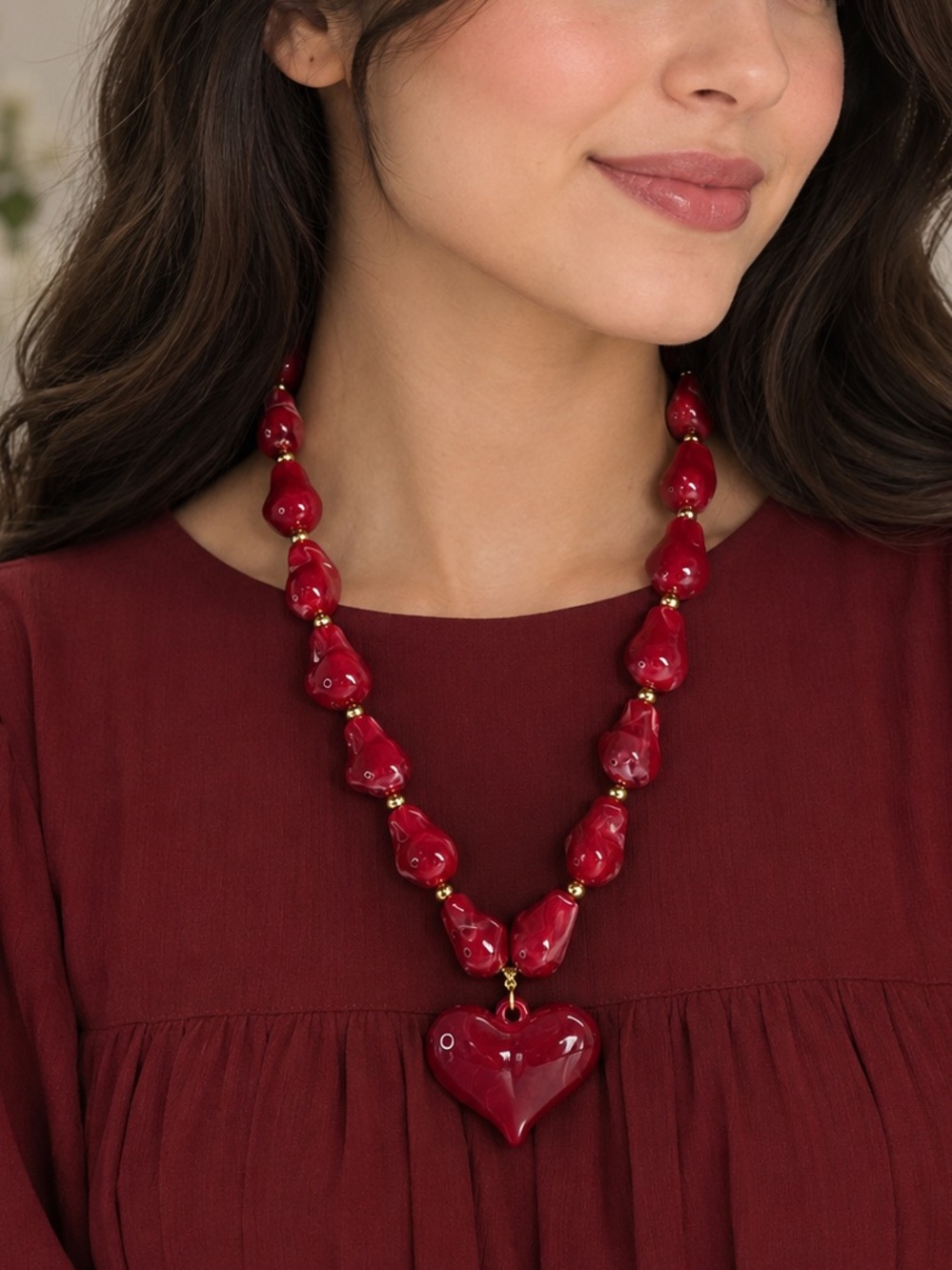 Handcrafted Red Heart Bead Necklace - Women Jewelry